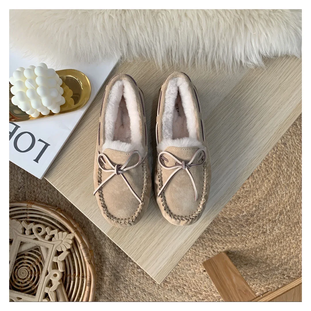 

Fashion Wholesale Black unisex Suede Leather Casual Loafer Shoes winter real wool fur Moccasin