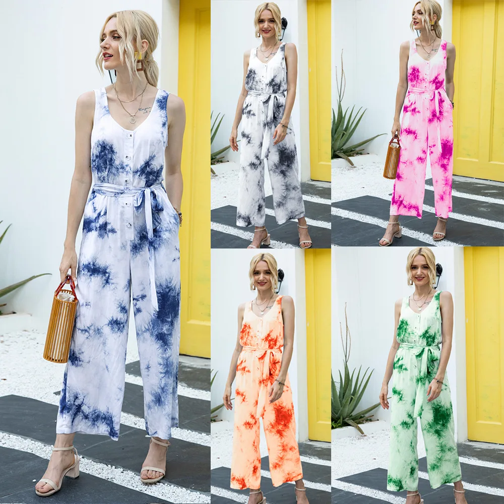 

WW-0473 Tie-dye Jumpsuits Leisure Waist Conjoined Trousers Female Ladies Trousers Casual Long Tie Dye Pants, Customized color