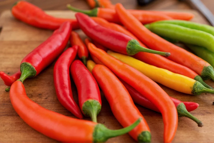 Close-up of various Italian chili pepper varieties including Calabrian, Senise, and Friariello on wooden cutting board