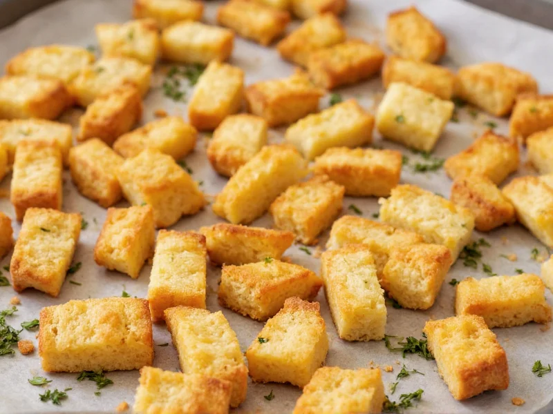 Golden homemade croutons on baking sheet with herbs