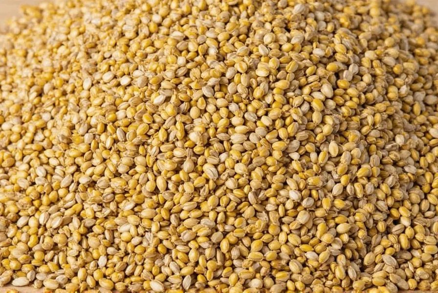 Close-up photography of three mustard seed varieties in wooden spoons: yellow, brown, and black seeds with measuring scale