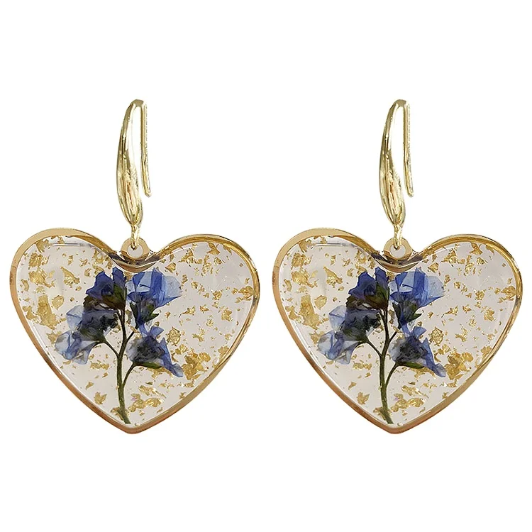 

New Fashion Resin Dried Flower Transparent Charm Design Flower Heart Drop Earrings For Woman, As the pictures