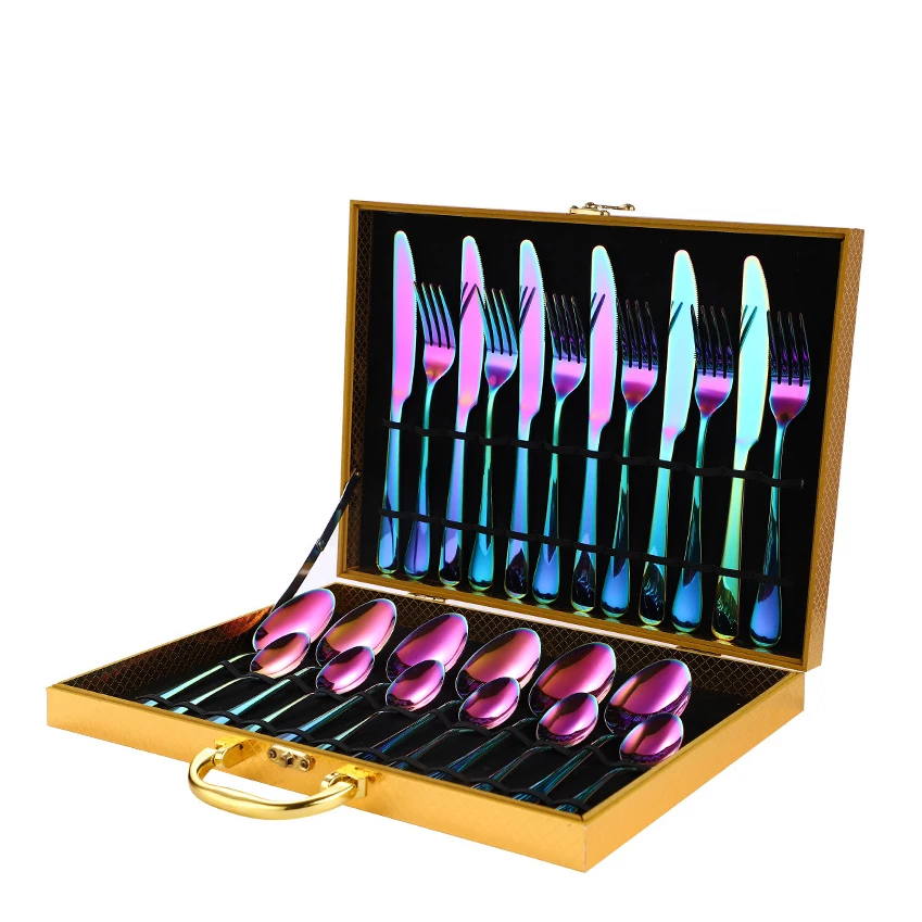 

Luxury PVD coating rainbow cutlery wooden box stainless steel colorful flatware set, Sliver;gold;rose gold;black;rainbow