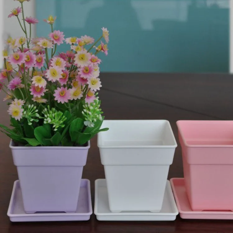 

AAA358 Mini Colorful Succulent Desktop Potted Flowerpot Home Plant Garden Small Square Plastic Flower Pots with Tray, 5 colors