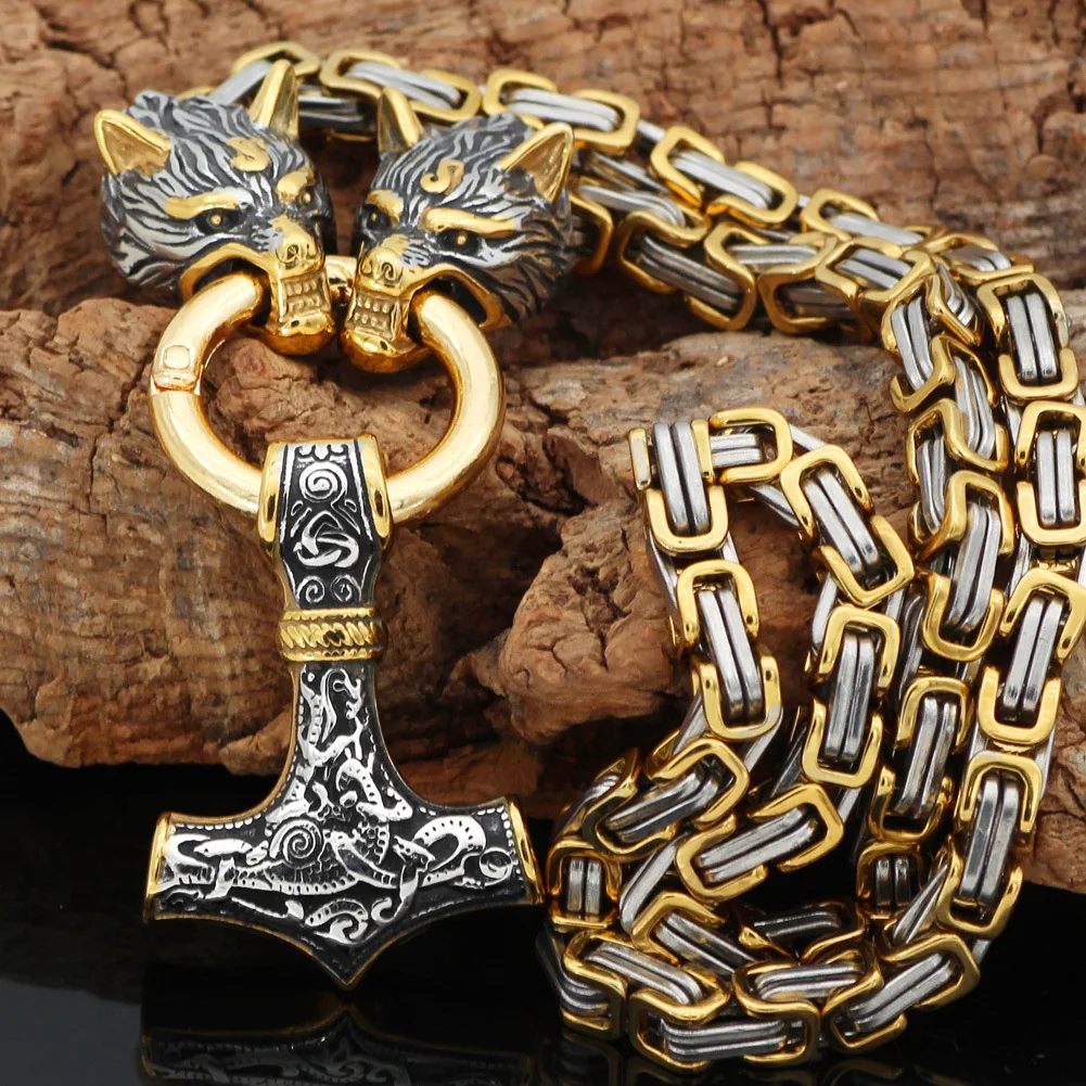 

Fashion Wolf Head Norse Viking Amulet Thor Hammer Stainless Steel Pendant Necklace Men