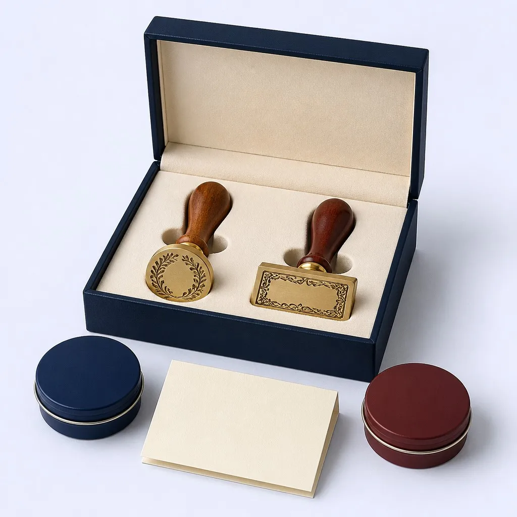 Deluxe gift box set with two custom stamps in matte navy box with ivory velvet interior and two ink pad tins