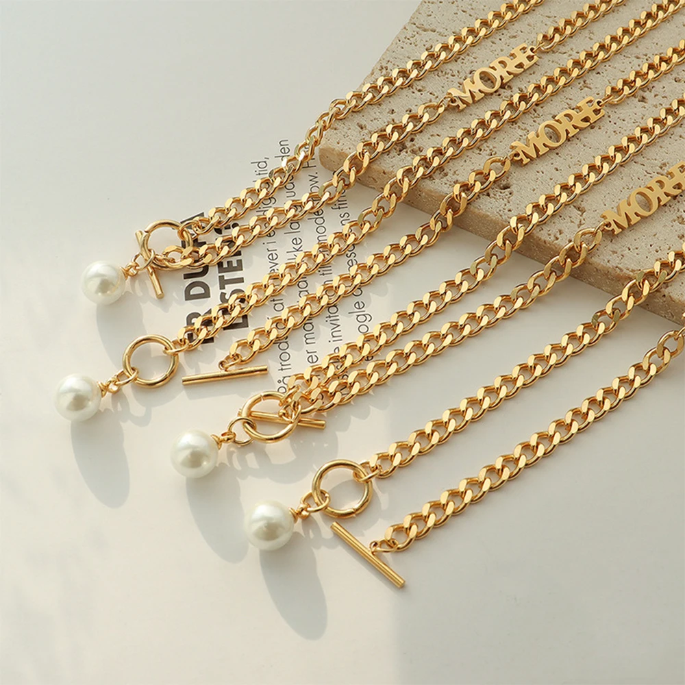

Women Waterproof Jewelry 18K Gold Plated Stainless Steel Jewelry OT Clasp Link Chain Fresh Water Pearl Choker Necklace
