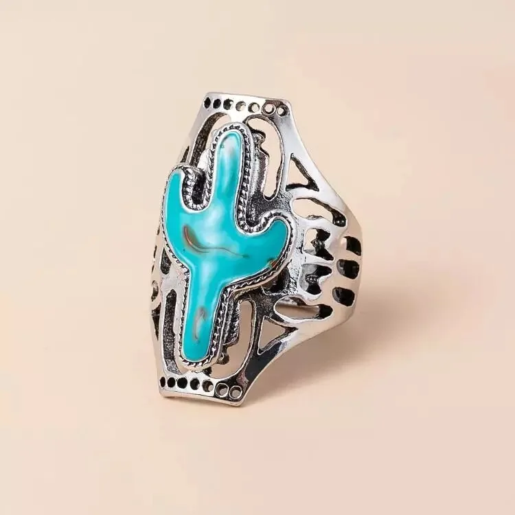 

Western Jewelry vintage navajo tipi dramatic cactus turquoise enamel stone ring for women