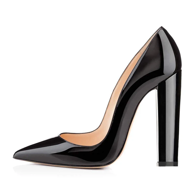 

Women Pointed Toe Chunky Heel Black Patent Leather Suede Large Size High Heels Pumps
