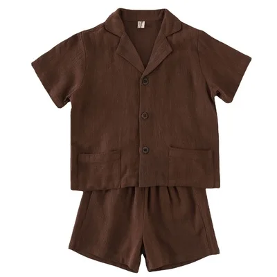 

F30089A 2021 summer new Linen two-piece set of short-sleeved shorts for children, As picture
