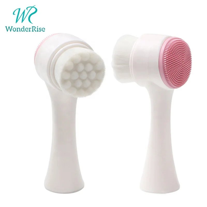 

2 in 1 Portable Double Sides Stand-Up 3D Massage Brush Face Scrub Brush Silicone Face Cleaner Brush, White pink, white blue, pink