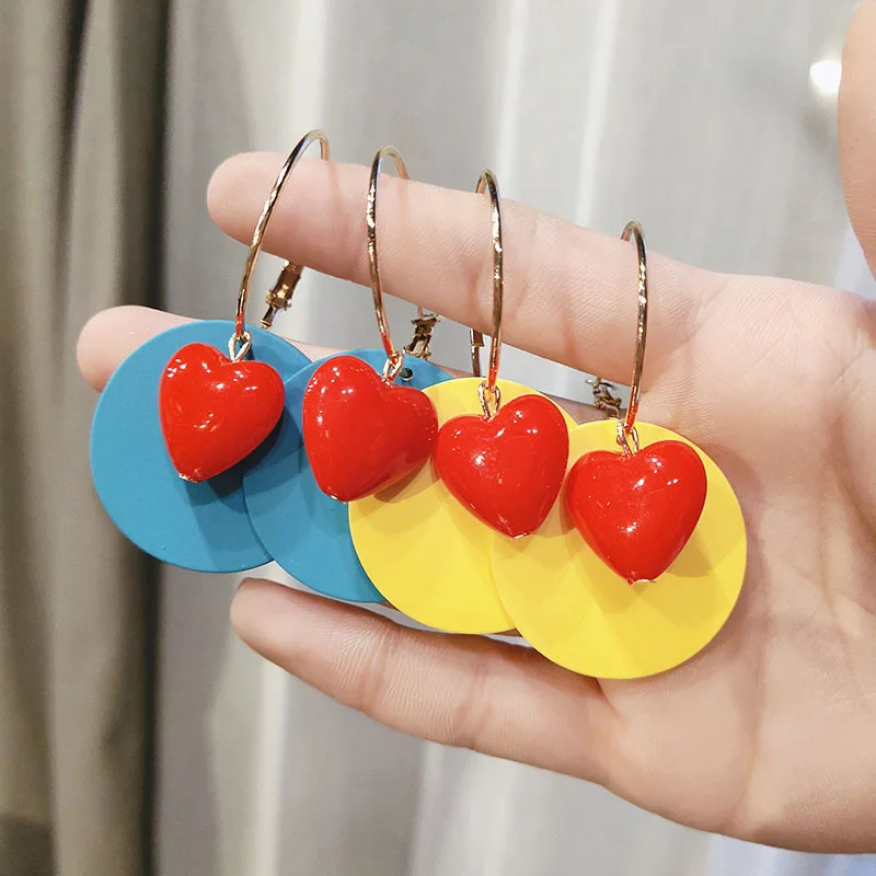 

HOVANCI Sweet Cute Candy Color Acrylic Round Statement Earrings Big Hoop Colorful Resin Heart Pendant Earrings Women Jewelry, As picture show