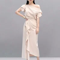 

2019 summer latest design in-stock graceful fashion slim one shoulder apricot short sleeve flounce women summer casual dress