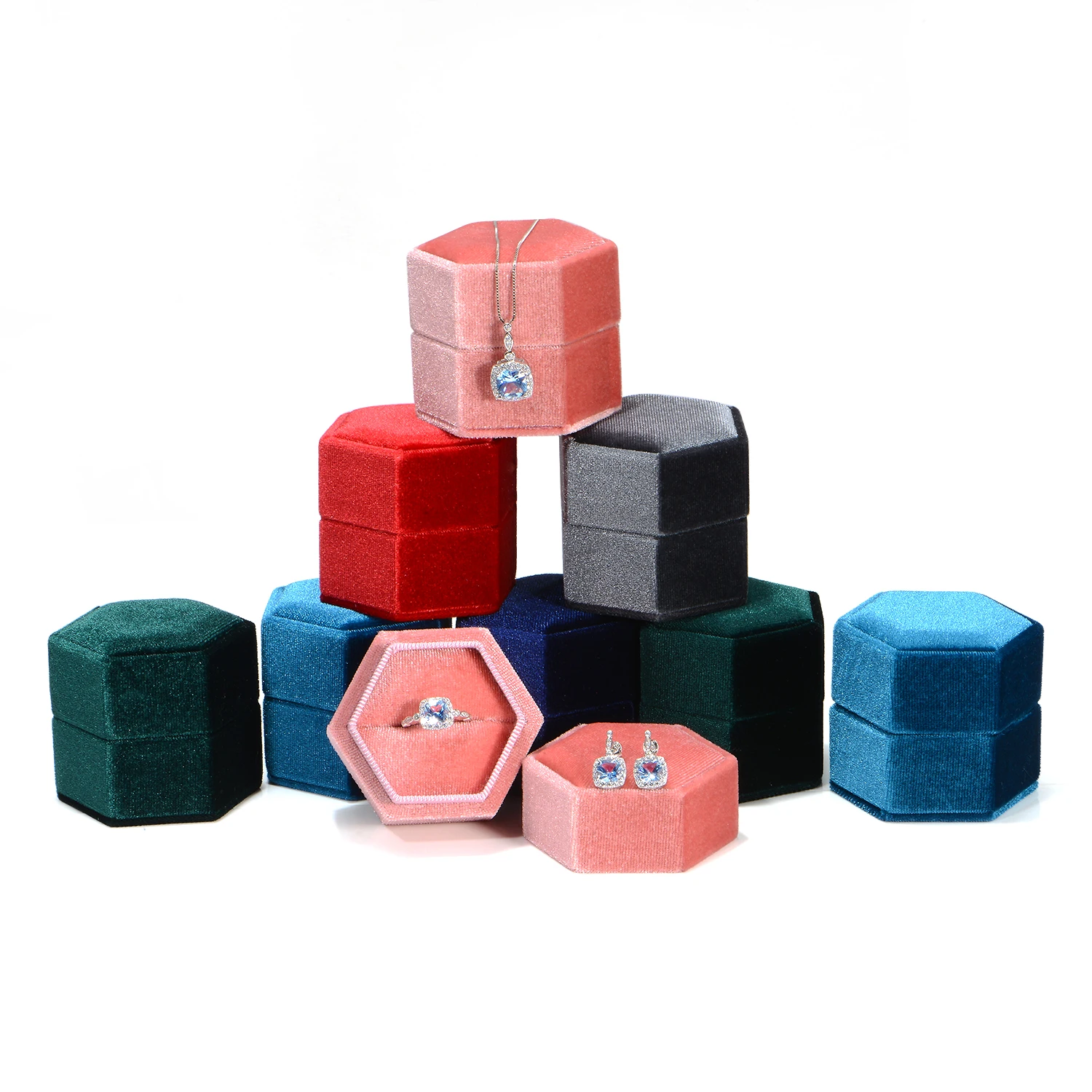 

Elegant design custom logo luxury vintage octagon velvet jewelry double wedding ring box