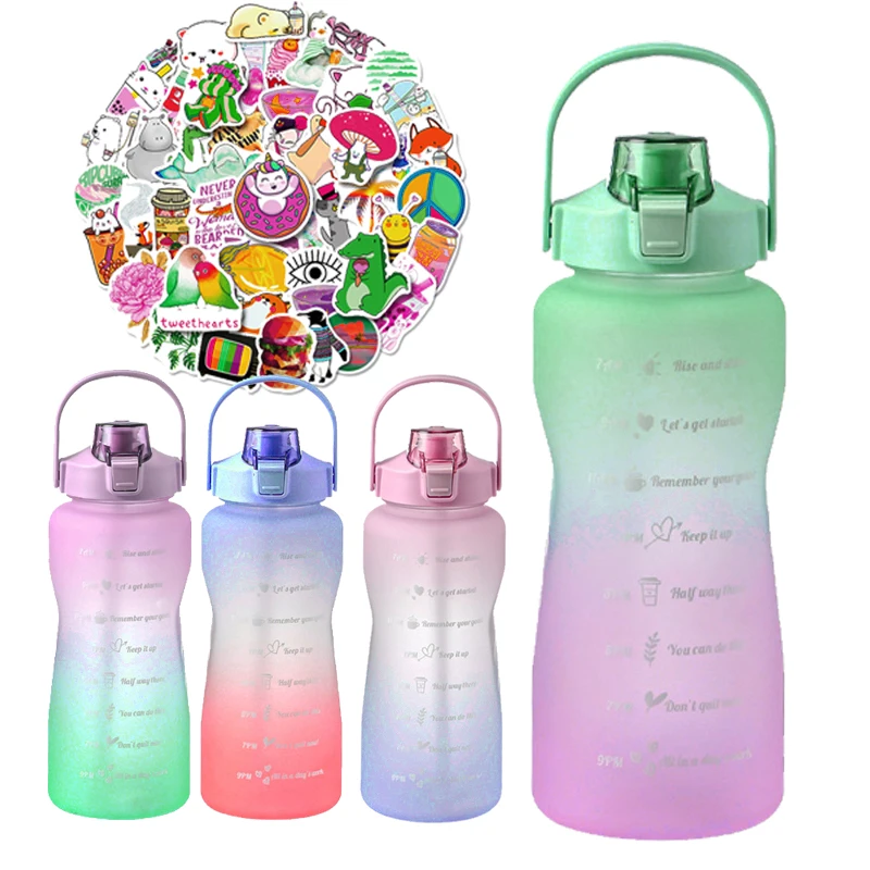 

RTS 2000ml / 2L /half gallon plastic water bottles with 3D and 2D stickers Mixed color gym jug popular in 2022