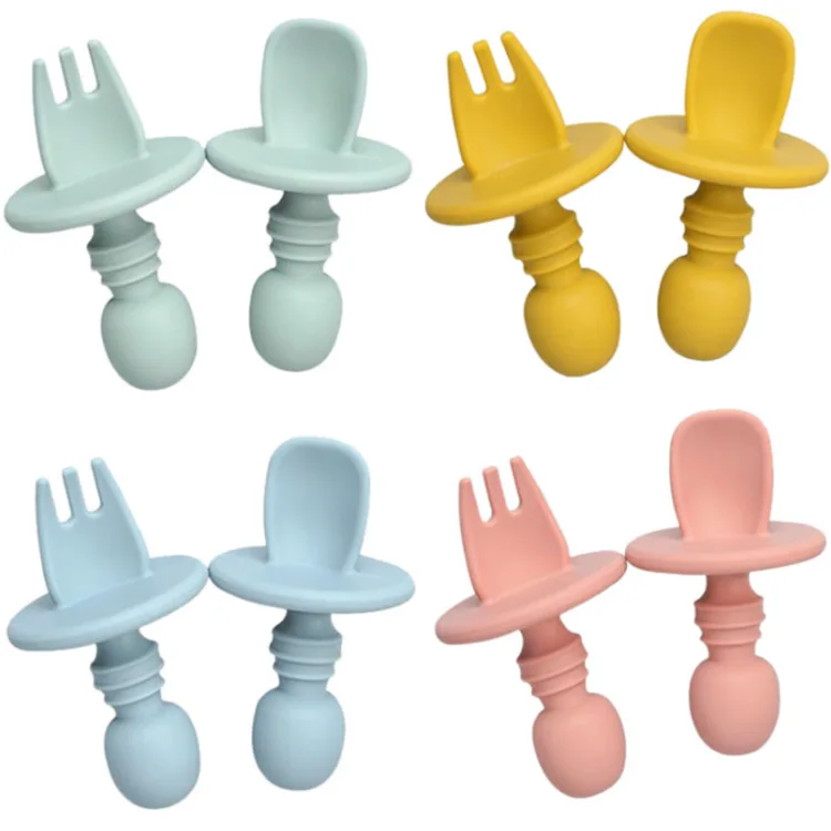 

Wholesale High Quality Soft Handle Mini Feeding Silicone Baby Fork And Spoon Set, Multi