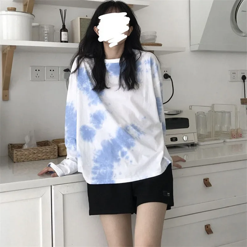 

Tie-dye long-sleeved T-shirt women autumn 2020 new Korean version loose Harajuku style student all-match long t shirts for women