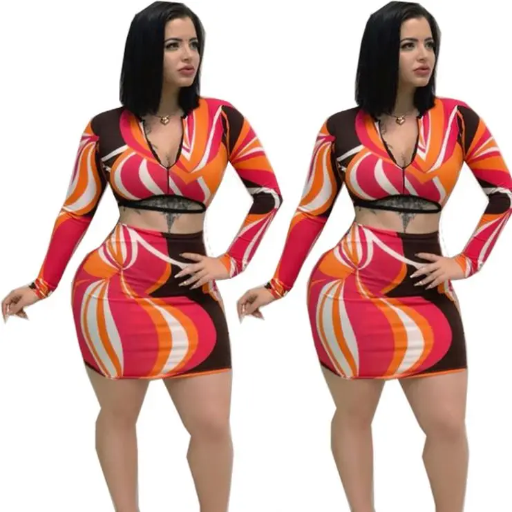 

W6908 Long Sleeve Printed Two Sets 2 Piece Skirt Sets Womens 2 Piece Outfit Set