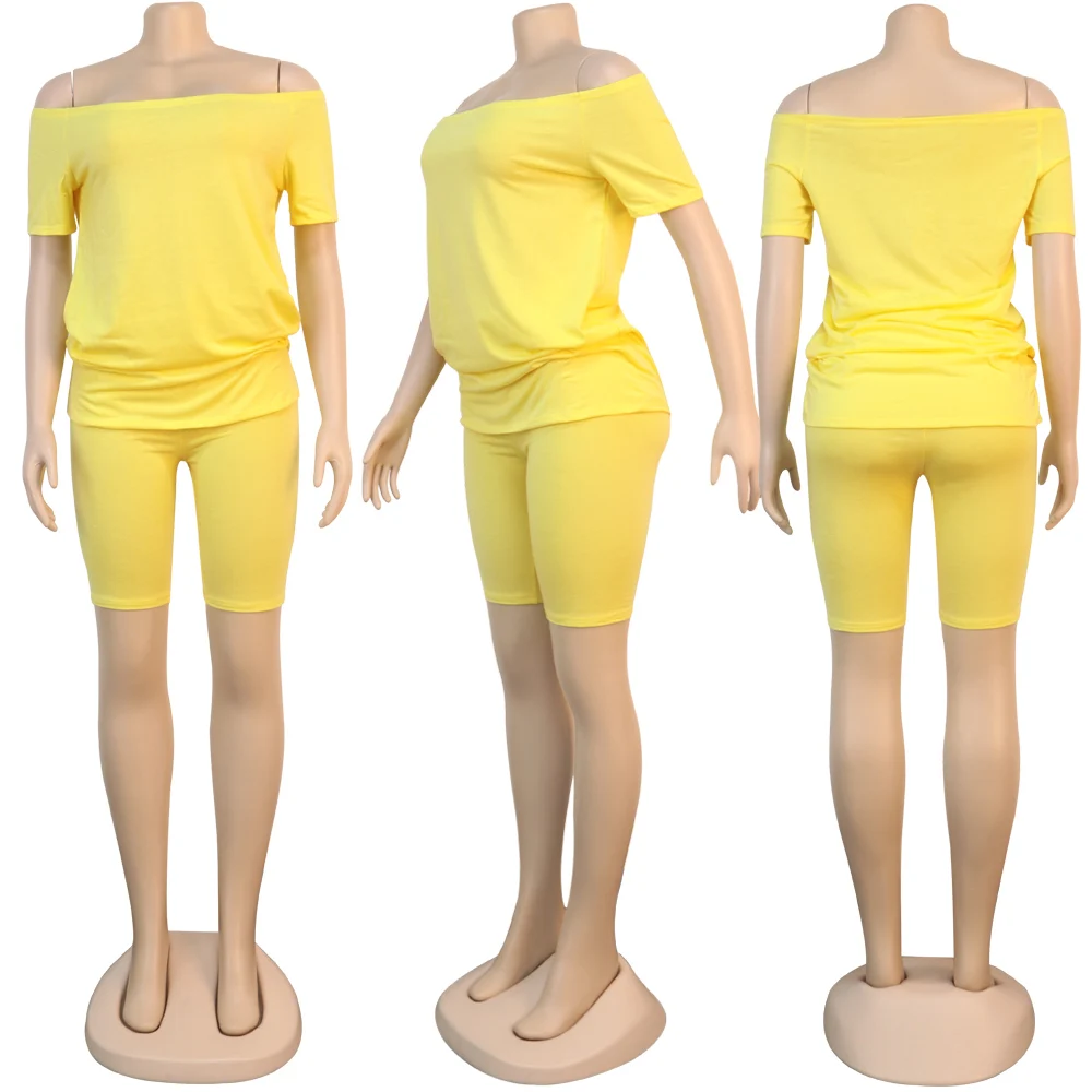 

2020 off the shoulder slash neck short sleeve crop pants two-piece set clothes ladies sports wear set women, Picture color
