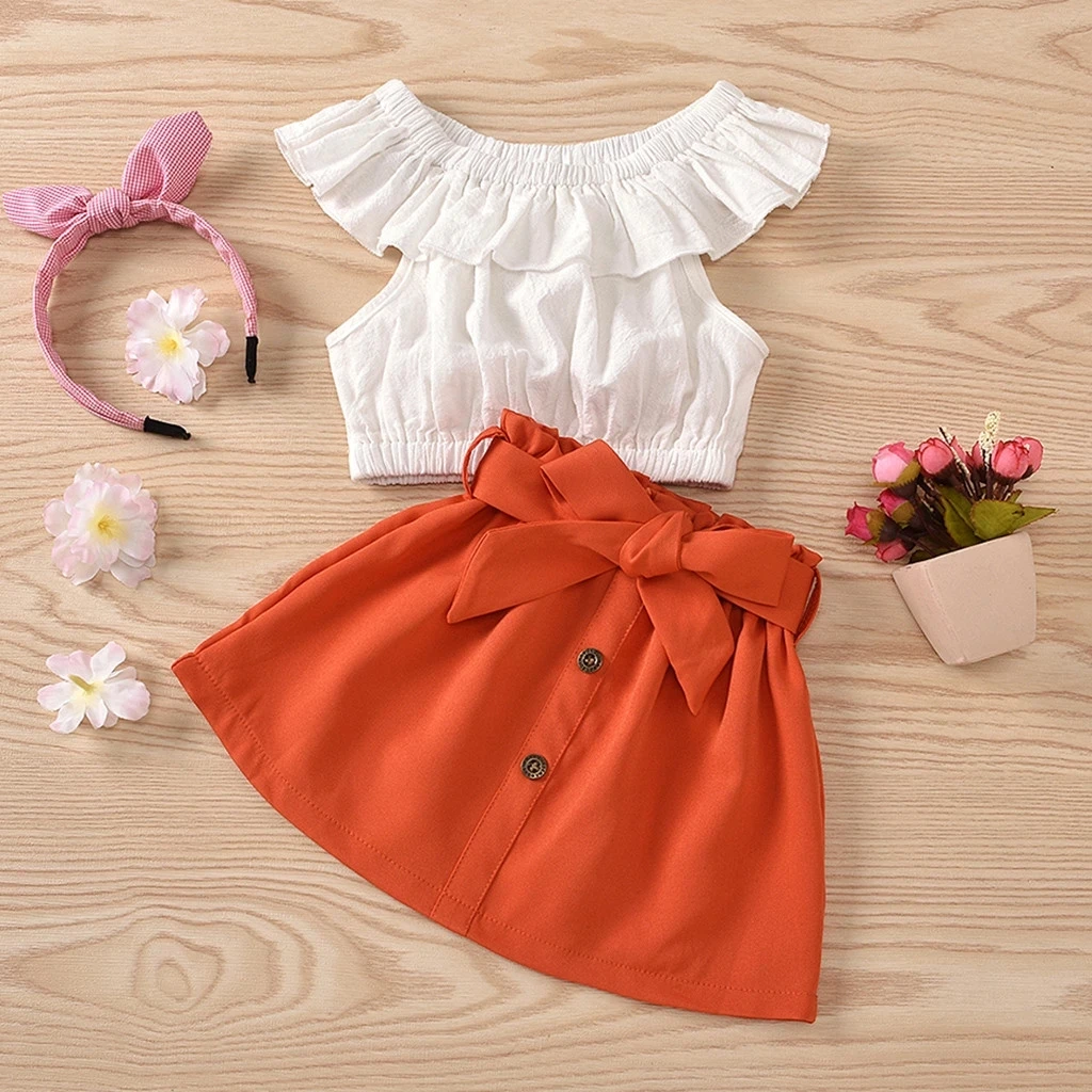 

Toddler Baby Kids Girls Solid Ruffles Off Shoulder Tops Bow Skirt Set Clothes One Piece Summer Baby Clothes For Girl, As picture