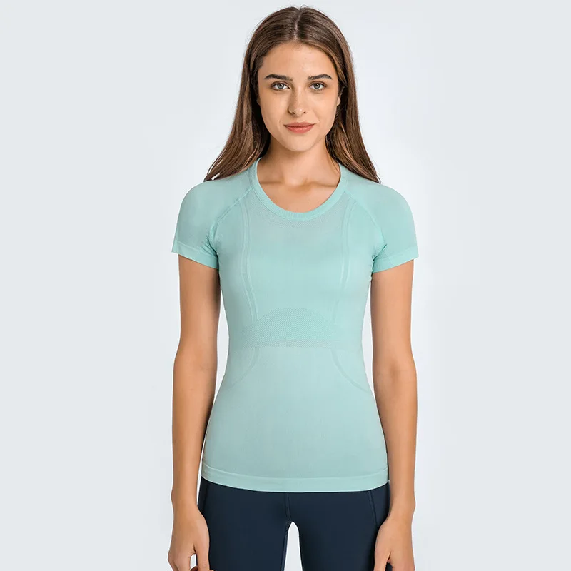 

S2067 light weight lulu jacquard Seamless Workout Shirts for Women Short Sleeve Plain Tees Quick Dry Gym Athletic Tops, Customized colors