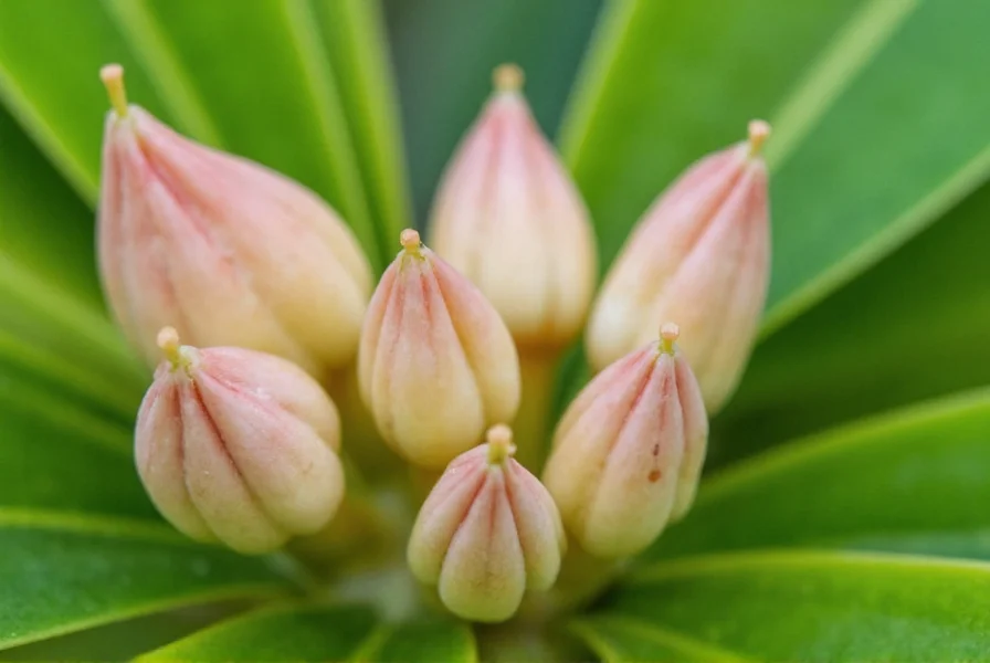 Close-up of Myoga ginger flower buds showing their distinctive pinkish-white color and cone shape on the plant