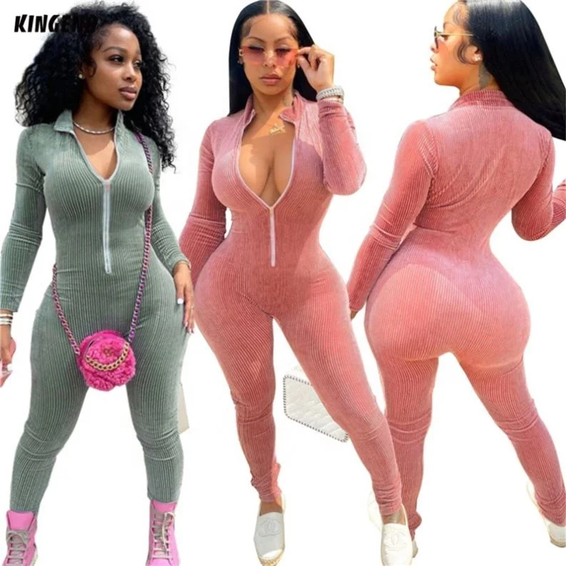 

2021 New Ladies Bodycon Rompers corduroy Long Sleeve Zipper Velvet Fall Women One Piece Jumpsuits, Picture