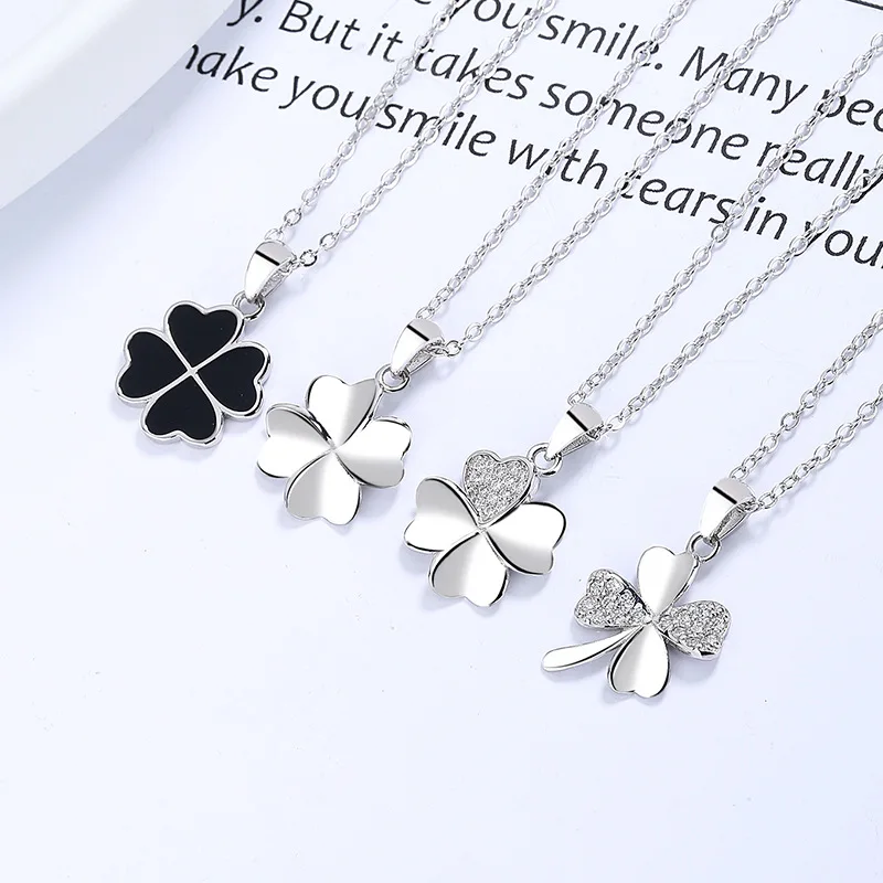 

Carline 925 Sterling Silver Four Leaf Clover Heart Zircon Black Imitation Enamel Necklace Jewelry Customization For Women