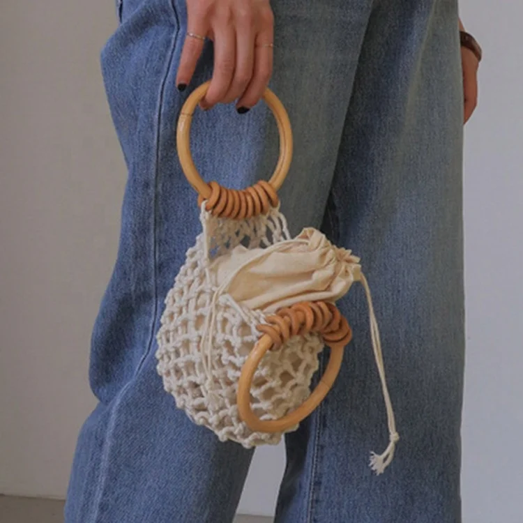 

Handmade Crochet Net Bag Women woven soft cotton small fruit beach bag with hard handle clutch handbags