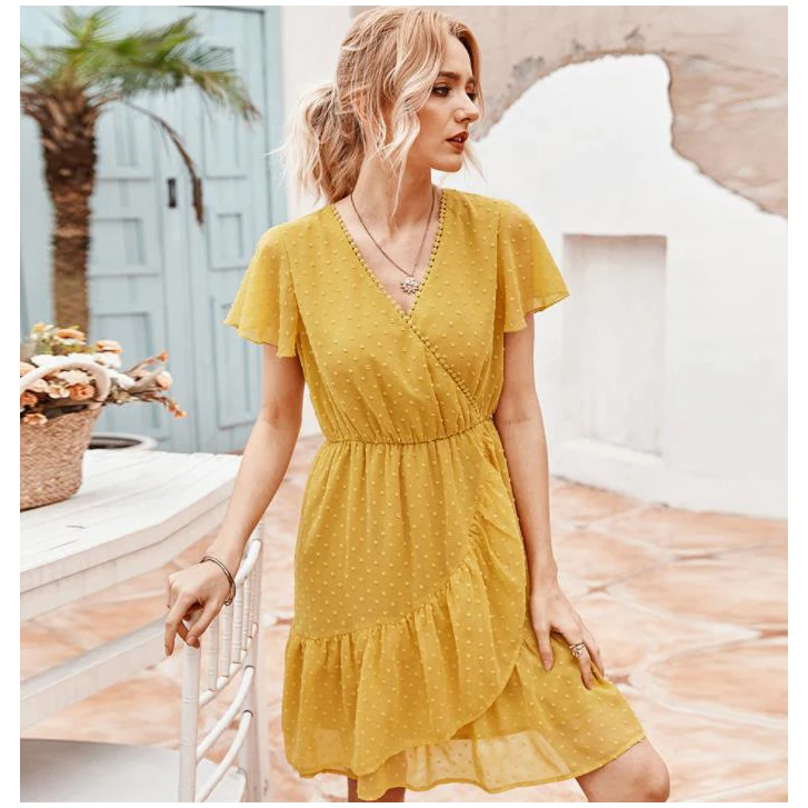 

MUTONGYI Latest Dresses Flounce Ruffled Solid Color Fairy Dress Knee Length Casual Dress