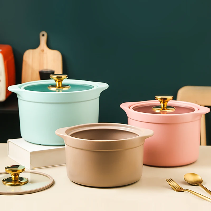 

Unique cheap ceramic kitchenware non-stick round ceramic soup pot casserole set, Green/blue/pink/brown