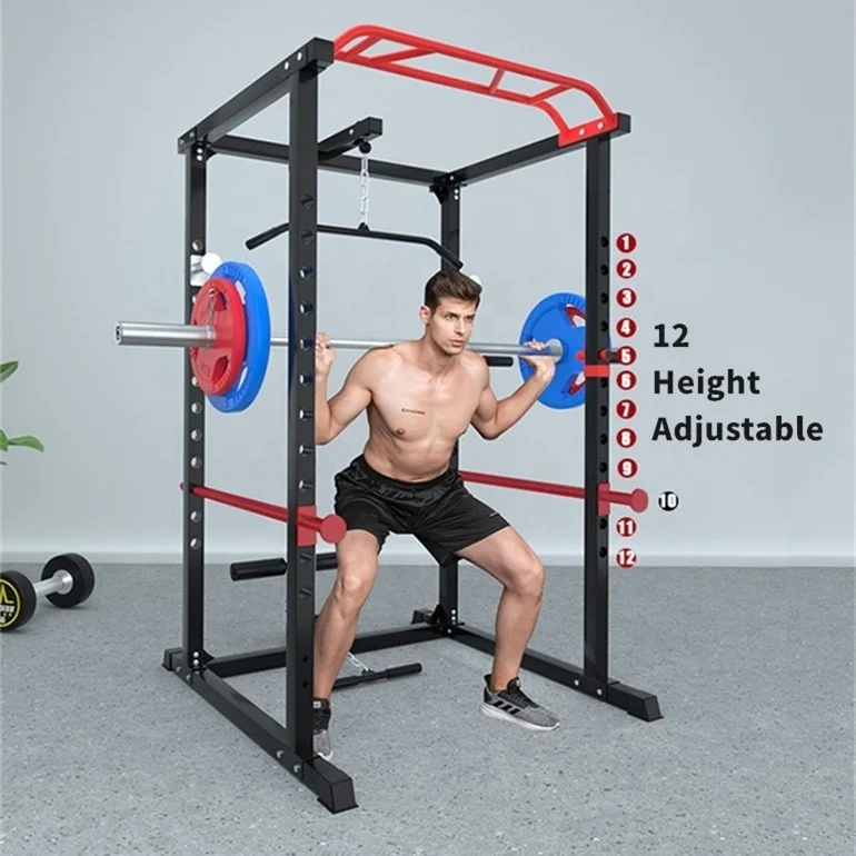 

Mutli Function Station Fitness Equipment Cage Power Rack Squat Rack, Black red