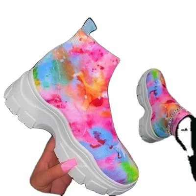 

Foreign Trade Large Heels Soft Bottom High Sports Shoes Female Color Weave Graffiti Leisure Sneakers Shoes Woman Sneakers, As shown in figure