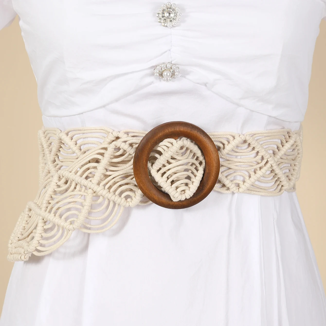 Free samples ethnic style wood Buckle wax rope woven handmade belt chain dress accessory belt Bohemian waist woven belt