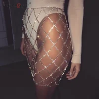 

SH3638 Sexy Rhinestones Women Mini Skirt Shiny Fake Diamond Crystal Metal Chain Patchwork Short Skirt Silver Gold