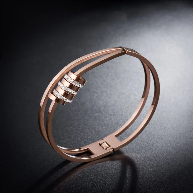 

Fashion Crystal 7 Round Circle Hollow Charm Bangle Bracelet Rose Gold Stainless Steel Woman Bangle (SK809), As picture