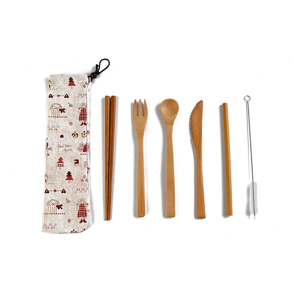 

Fancy Eco Friendly Bambu Camp Knife Fork Spoon Utensil Custom Logo Gift Reusable Bamboo Travel Cutlery Set In Pouch