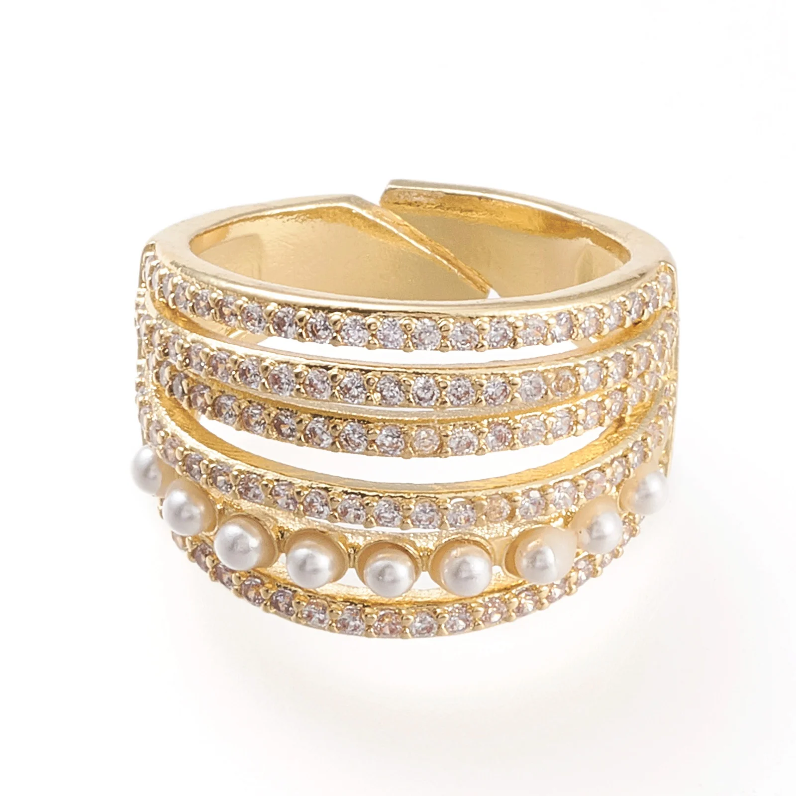 

PandaHall Acrylic Pearl Adjustable Brass Clear Cubic Zirconia Cuff Rings