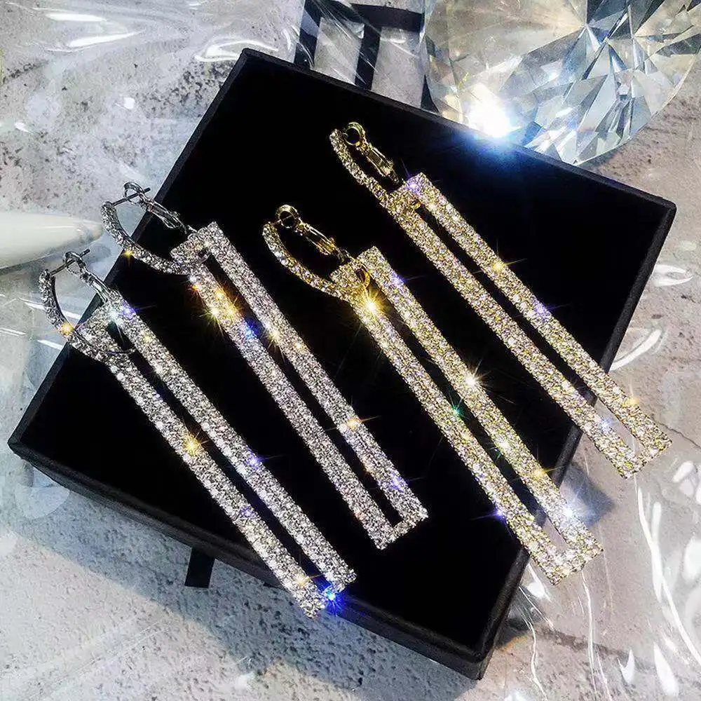 

Fashion Long Geometric Luxury Gold Silver Drop Earrings Korean Rectangle Dangle Rhinestone Earring, Gold, silver, rose gold,blue