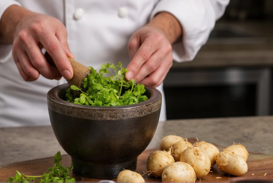 Chef preparing coriander root in mortar and pestle for Thai curry paste