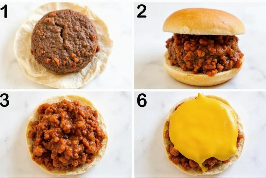 Step-by-step preparation of a homemade chili cheeseburger showing beef patty, chili topping, and melted cheddar cheese on a toasted bun