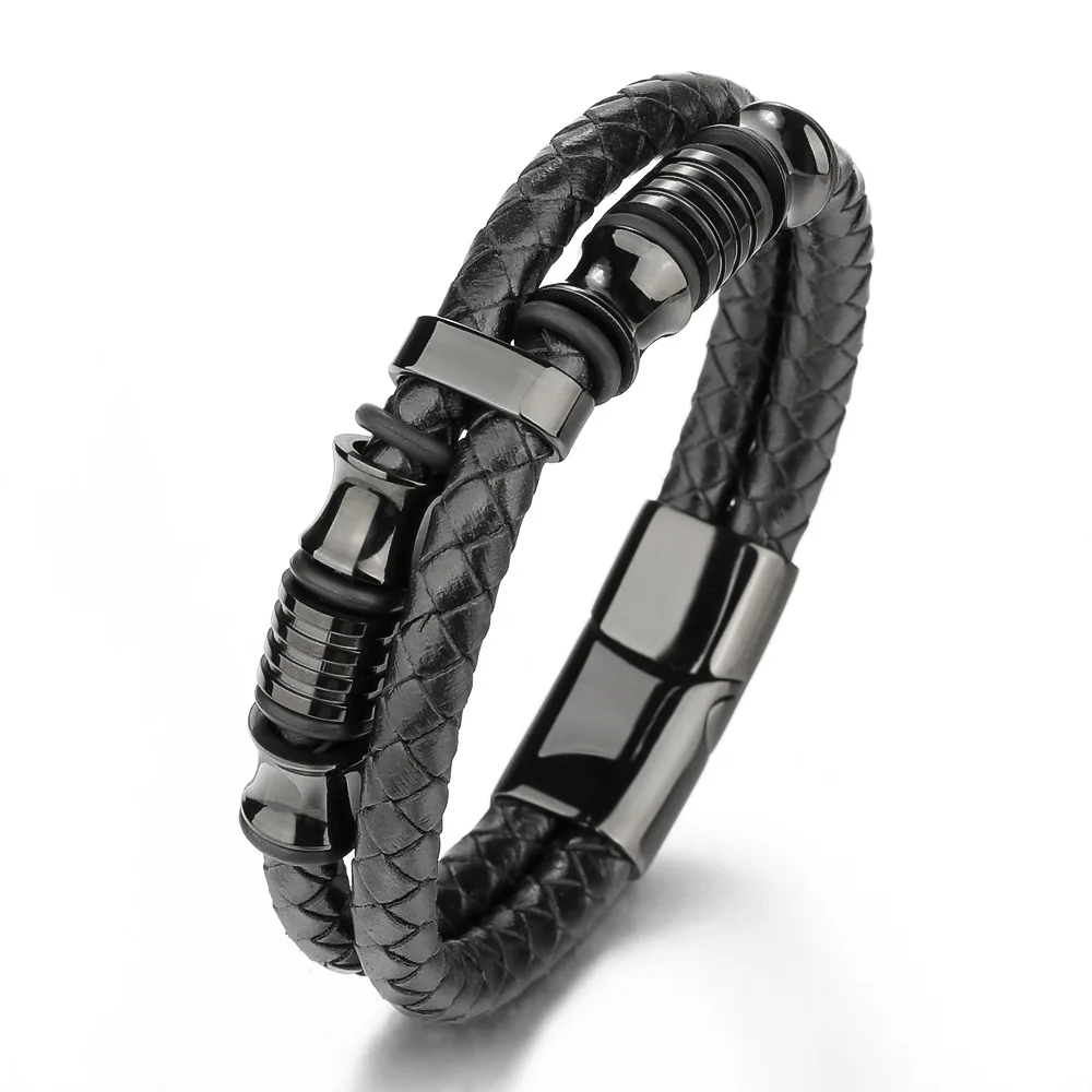 

New Design Handmade Men's Genuine Leather Bracelet Braided Leather Stainless steel Band Magnetic Clasp Hand Bracelet