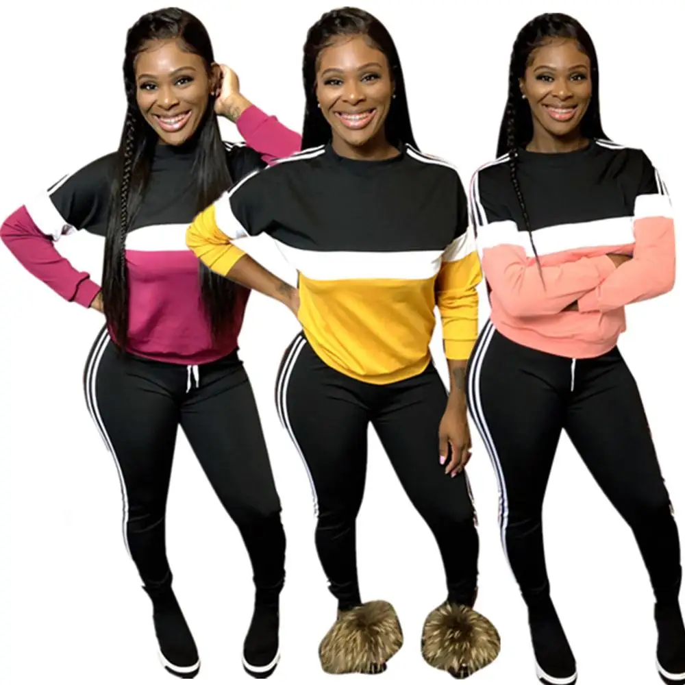 

Sample women clothing two pieces set long sleeve stripe printed coat tracksuit jogger sport wear pants FM-P8442, As pictures