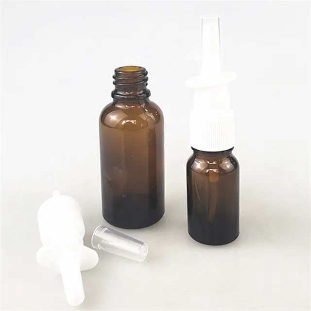 

10 ml 30 ml empty amber reusable nasal spray glass bottles with long white pump