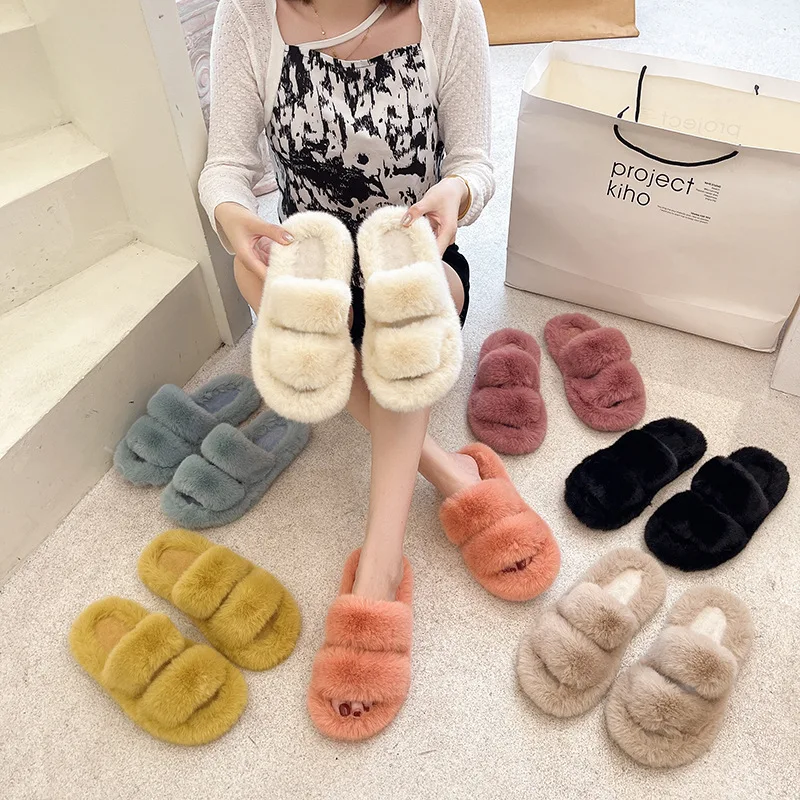 

Customize Wholesale Flat Non-slip Silent and Warm Soft-soled Winter Furry Plush Fur Slide House Cotton Slippers Women