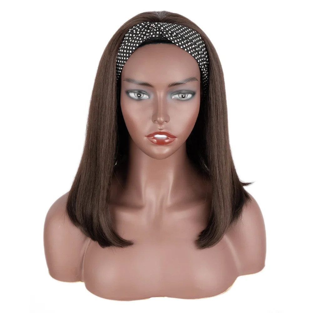 

14inches natural High Temperature Resistant synthetic wig wholesale straight bob short wavy hair brown headband wig