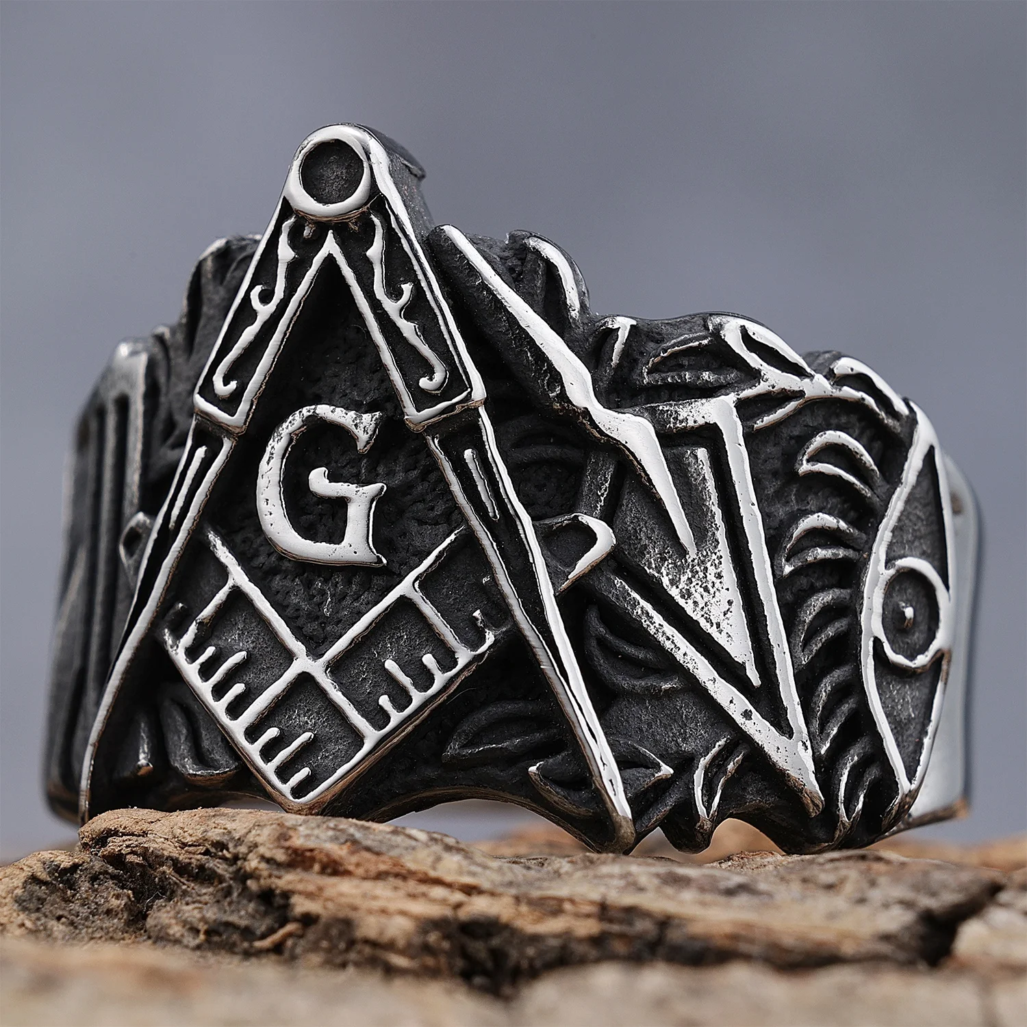 

Vintage Masonic Ring Stainless Steel Jewelry Religion Solid Back Freemason Signet Rings for Men Gift