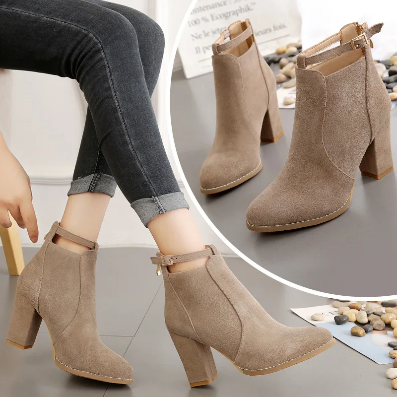 

Fashion Design British Style All-match Thick High Heel Boots Ladies, Black,beige,brown