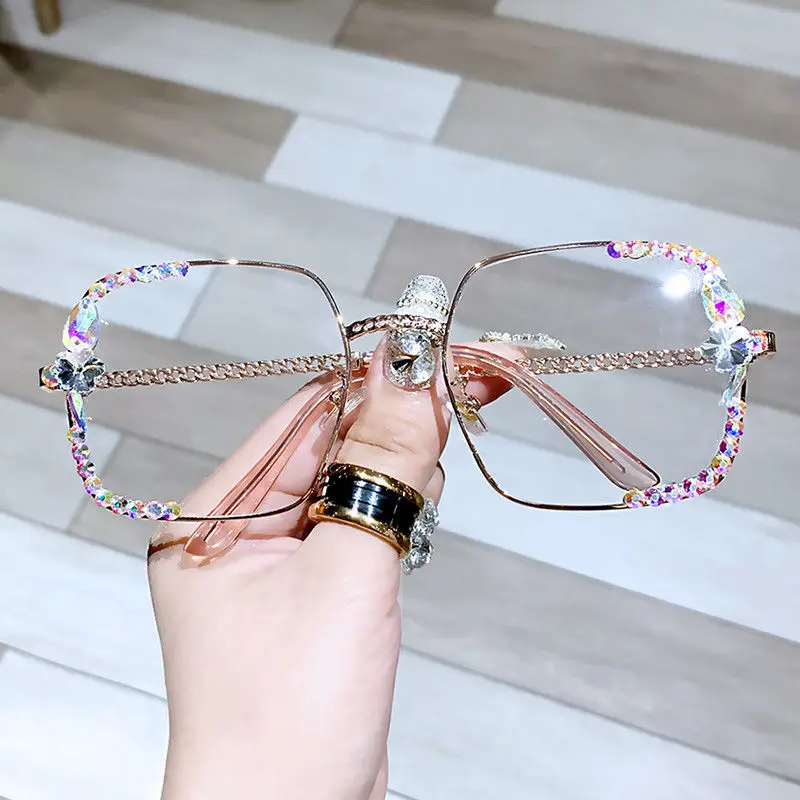 

High Quality Blue Light Blocking Glasses Luxury Rhinestone Reading Glasses Anti-fatigue Eye Protection Eyeglasses Optical Lens