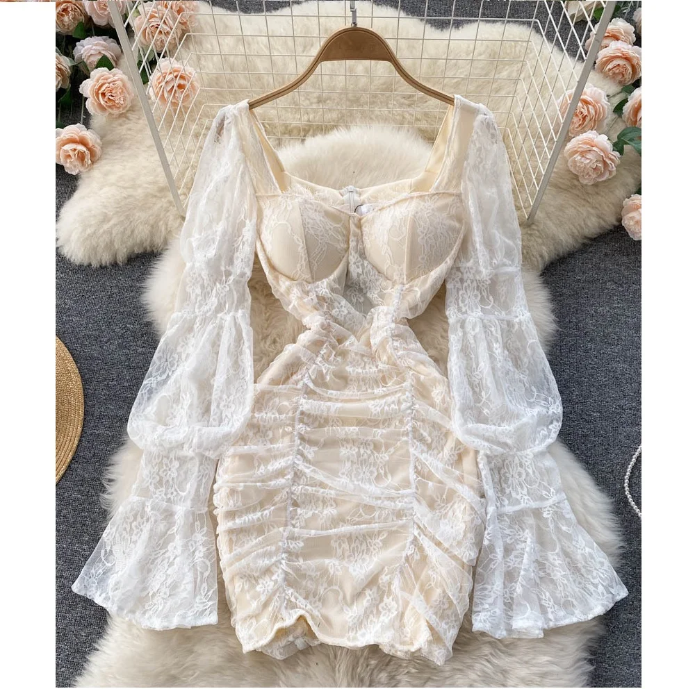 

Floral Lace Pleated Long Sleeve Dress Women 2022 Fashion Dresses Women Lady Elegant Bodycon Dress